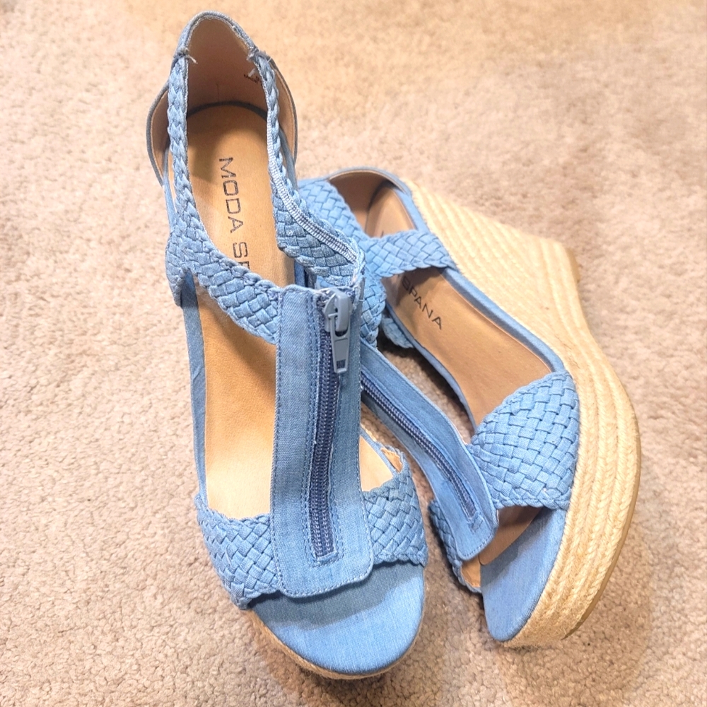 Moda Spana Denim Wedge Espadrilles Sandals 9.5